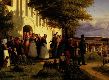 Jørgen Sonne – Brudefærd fra det nordlige Sjælland, hvor den hjemkomne soldat finder sin Forlovede som en andens brud (1856/1859)