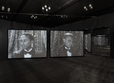 All press images may freely be used with due credit line s . Isaac Julien Once Again... (Statues Never Die), 2022 Installation view, The Armory Show, 2024 Two - screen film installation, Black and White, 4K (4:3 aspect ratio), 5.1 Surround Sound Duration: 31'32" © Isaac Julien Courtesy the artist and Victoria Miro