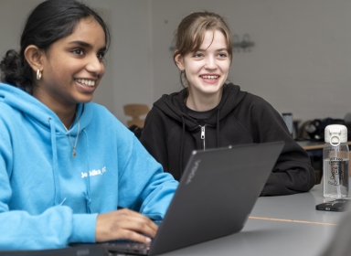Billede af to piger, der sidder ved en computer
