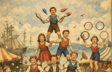 AI-genereret billede af børn, som er cirkusartister på en havn.